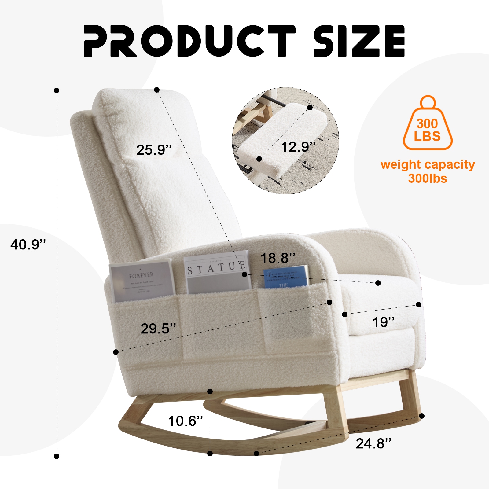 Modern Accent Rocking Chair Rocking Chair With Solid Wood Legs, Upholstered Nursery Glider Rocker, Comfy Armchair With Side Pocket, Living Room Lounge Arm Chair With High Backrest (White,teddy)_voghion.com